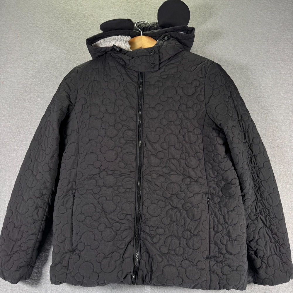 Disney Mickey Mouse Puffer Jacket Womens Small Black Quilted Sherpa Hooded Ears